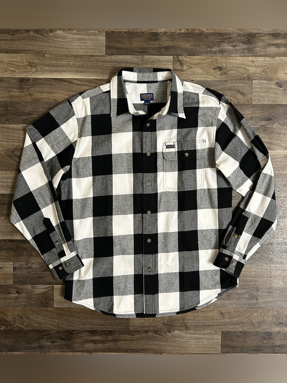 Smith’s Workwear Men’s L Buffalo Plaid Flannel Shirt Black Gray White